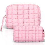 Meanplan 2 Pcs Puffy Quilted Makeup Bag Cosmetic Bag Travel Puffer Solid Toiletry Bag Cute Organizer Makeup Pouch Checkered Storage Clutch for Women (Pink)