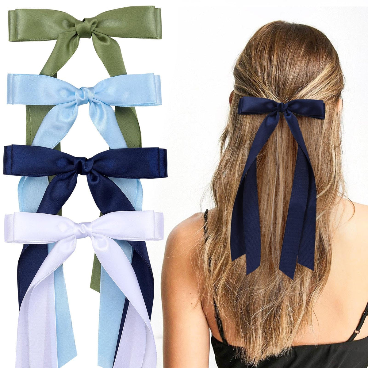 VOBOBE 4PCS Hair Bows for Women Girls White Blue Satin Tassel Hair Ribbon Bowknot Hair Clips Barrettes for Girl with Small Long Tail Hair Accessories (Navy+Green+Blue+White)