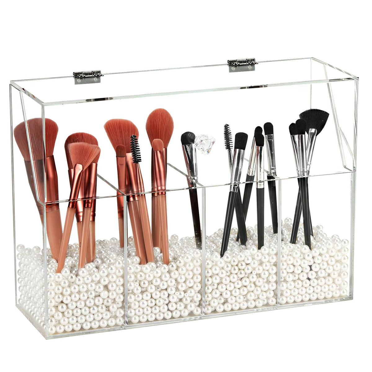 Vevitts Acrylic Makeup Organizer Clear Cosmetic Brush Storage Box With 4 Brush HoldersMakeup Brush Holder with Dust Cover Large-capacity Split Design Can Quickly Organize the Desktop（No pearls）