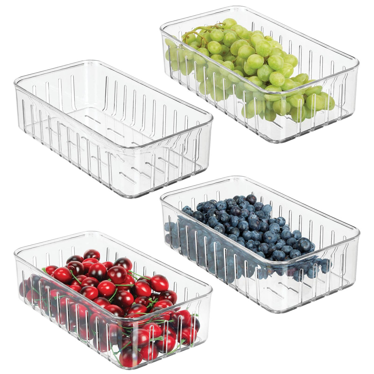 mDesign Plastic Kitchen Refrigerator Produce Storage Organizer Bin with Open Vents for Air Circulation - Food Container for Fruit Vegetables Lettuce Cheese Fresh Herbs Snacks - S 4 Pack - Clear