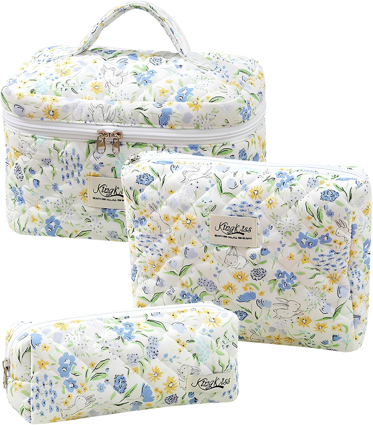 3 PCS Cute Floral Makeup Bag Set Quilted Cotton Cosmetic Bag Large Travel Flower Make Up Bag Blue Rabbit Kawaii Coquette Skincare Bag Aesthetic Toiletry Bags for Women Teen Girls