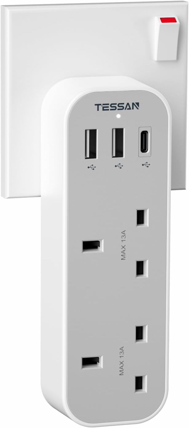 Tessan 2-Gang plug Through UK Charger 2 USB A USB C 13A TS-222-C
