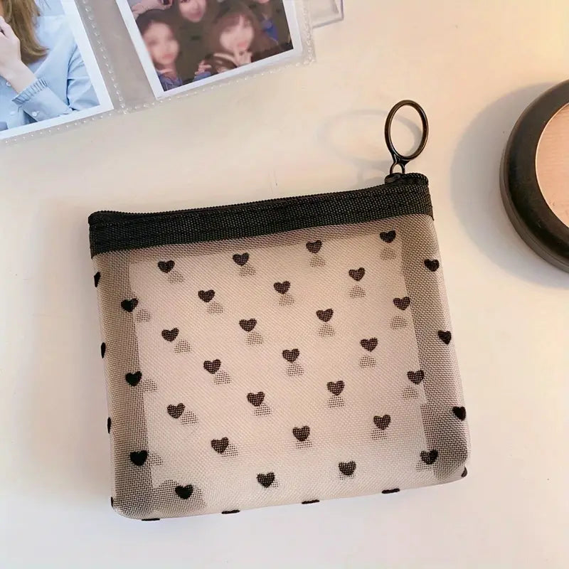 Cute Heart Print Mesh Makeup Bag - Stylish Cosmetic Organizer