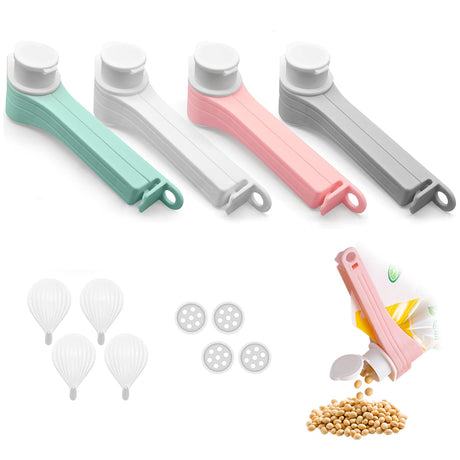 DEFORAGE 4pcs Bag Spout ClipBag Clips for FoodSnack Sealing Clips with Pour SpoutsKitchen Chip Bag with Adhesive Hooks for Cereal Kitchen Food Storage Organizer Kit-4 Color