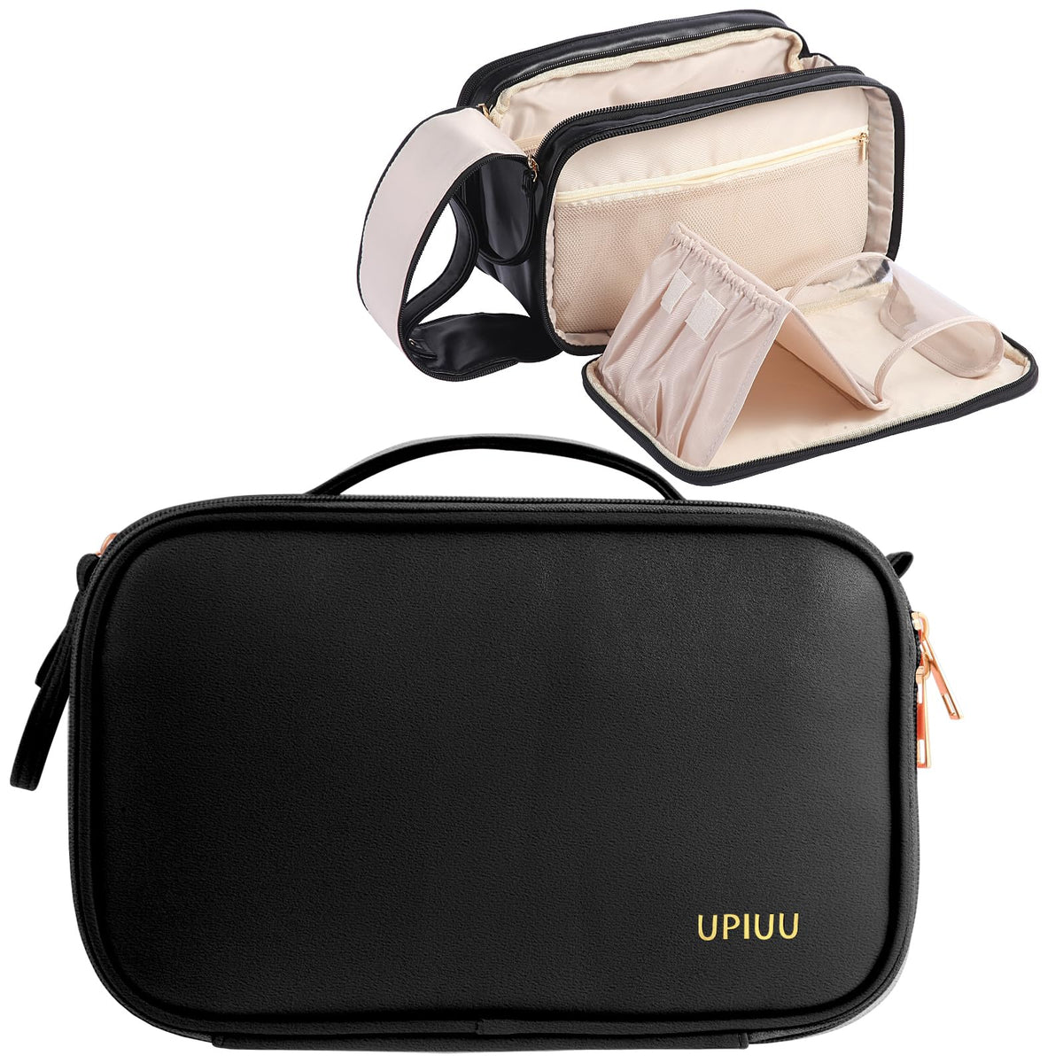 Birthday Gifts for Women Mom Sister Travel Toiletry Bag Water-resistant PU Leather Makeup Cosmetic Bag Large Space Mom Gifts for Christmas Travel Gifts for Women Vertical Brush Holder Black