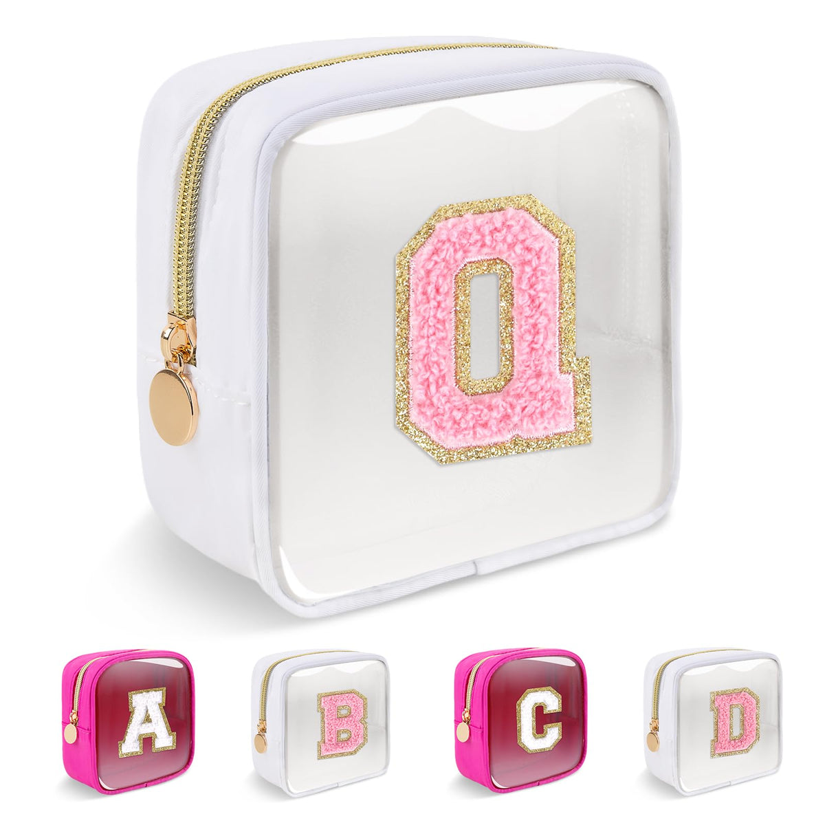 Personalized Initial Letter Clear Preppy Makeup BagMini Nylon Chenille Letter Cosmetic Bag Cute Zipper Pouch Purse for Teen GirlsPortable TSA Approved Beach Travel Essentials Bag Gift for WomenQ