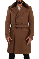 Dolce & Gabbana Brown Wool Long Double Breasted Overcoat Jacket - Men's