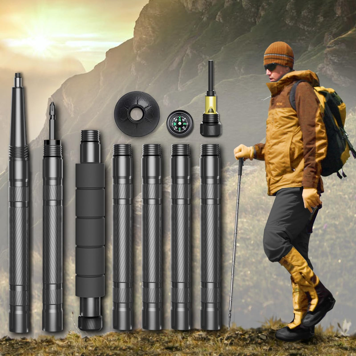 Hiking Stick Collapsible Walking Stick Staff for Hiking Outdoor Trekking Pole with Compasse Whistle etc. (1 Stick/ 7 Tubes)