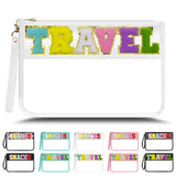 YEMEDA Chenille Letter Clear Zipper Pouch for Travel Nylon Clear Makeup Letter Bag PVC Waterproof Cosmetic Bag Snack Bags for Women Girls Clear Stuff Bags For Travel(White-Travel)