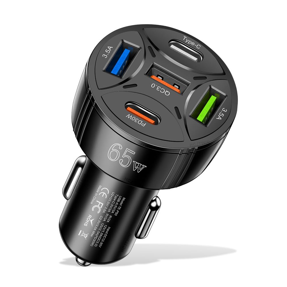 65W USB C Car Charger PD30W &QC3.0 Fast Charging Car Cigarette Lighter Plug Adapter for iPhone/Android/Samsung Galaxy S10 S9 Plus and More(Black)
