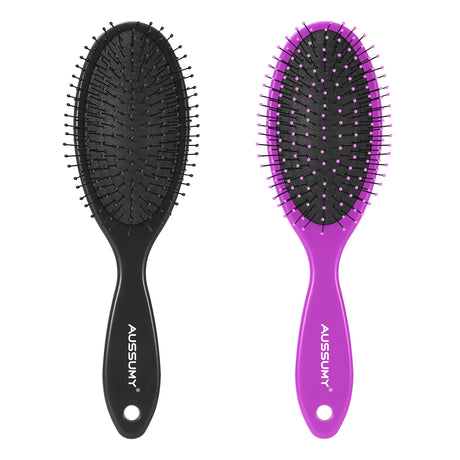 Air Cushion Detangling Hair Brush - 2 Pack Detangler Hairbrush with Ultra Soft Bristles for Effortless Tangle Removal -For Wet Dry Damaged Curly Hair for Women Men Boys Girls Kid - Black & Dark Purple