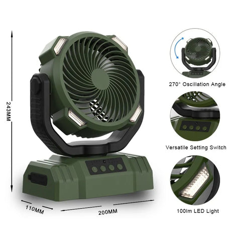 Outdoor Camping Fan with Power Bank and LED Light