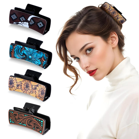 4Pcs Western Hair Clips for Women Large Cowhide Pattern Resin Claw Clips Cowgirl Aesthetic Flower Hair Claw Clips Western Hair Accessories Vintage Gifts for Thick Thin Hair Jewelry Stuff