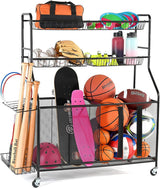 HOME IT Garage Sports Equipment Organizer - Garage Ball Storage Rack Organizer Holder with Baskets Rolling Wheels & Breaks - Large Capacity Heavy Duty Steel Ball Storage Cart