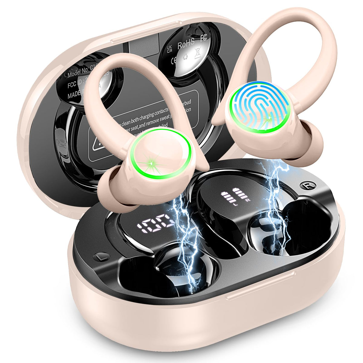 Wireless Earbuds Sports Bluetooth Headphones 5.3 50H Playback Over-Ear buds with ENC Noise Cancelling Mic HiFi Stereo Earphones with Earhooks IP7 Waterproof Fitness Headset for Running Workout Gym
