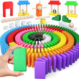PEBIRA Large Dominoes for Kids Wooden Dominos Set Include 200 PCS Colorful Domino Blocks 11 Add-on Tricks and 1 Storage Bag Bulk Building Dominoes