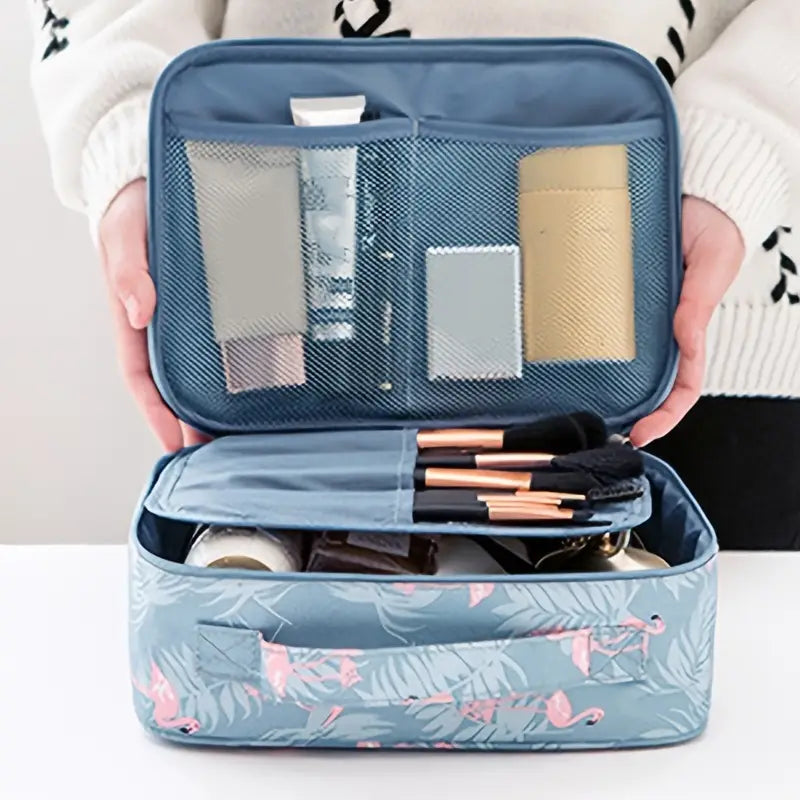Portable Travel Makeup Organizer with Brushes - Blue Flamingo