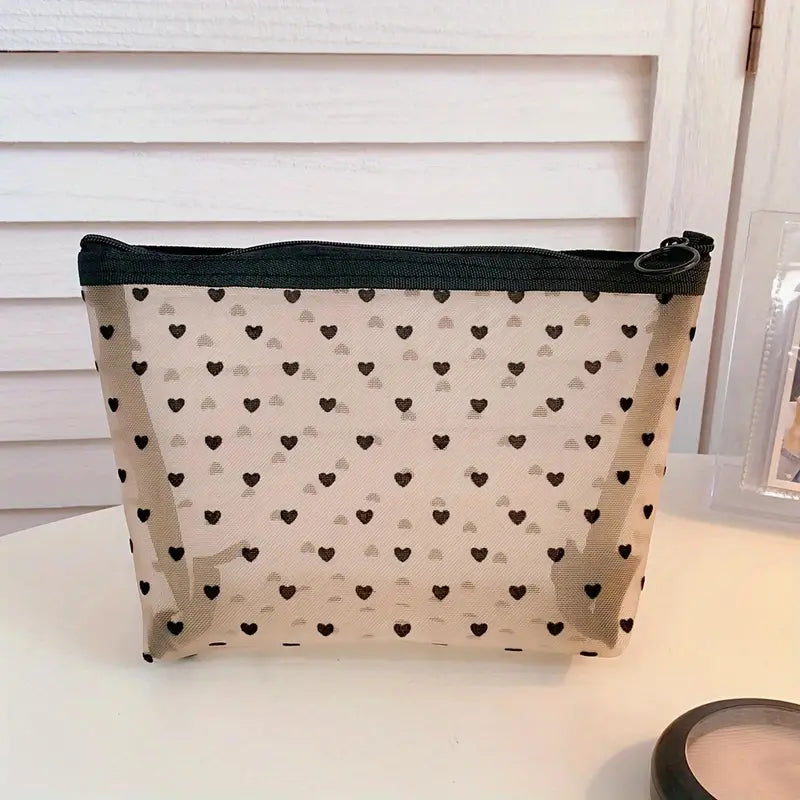 Cute Heart Print Mesh Makeup Bag - Stylish Cosmetic Organizer