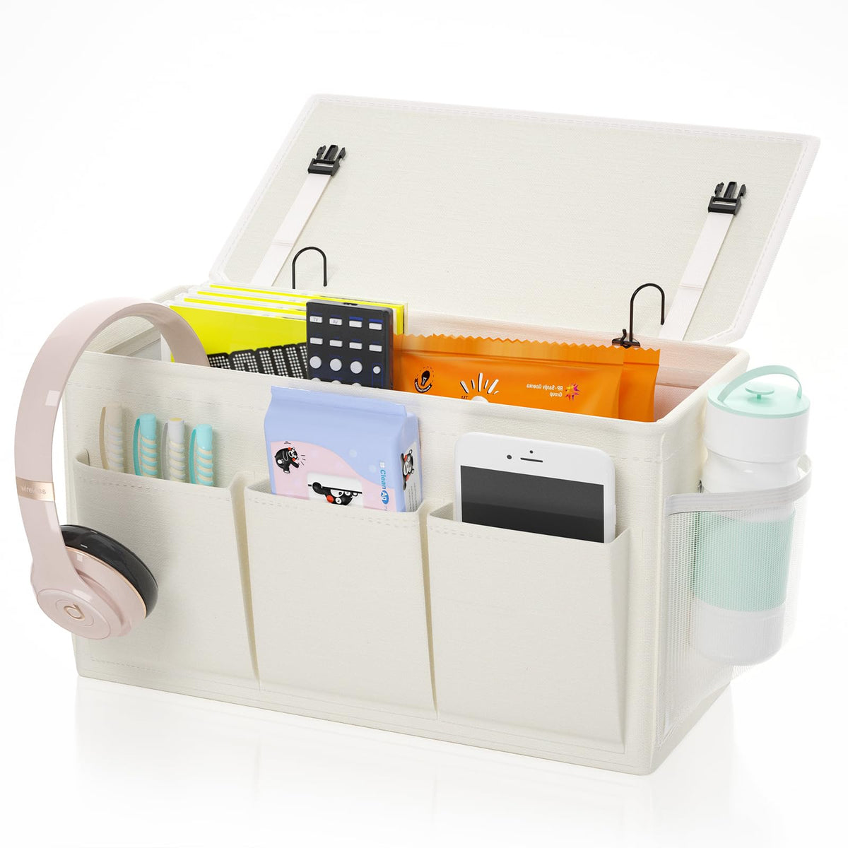 Edudif Dual-purpose Bedside Caddy Bedside Organizer Bed Caddy with 6 Pockets Versatile Bedside Storage Solution Magazine Remotes holder ideal for Home Dorm Hospital Crib Bed (White)