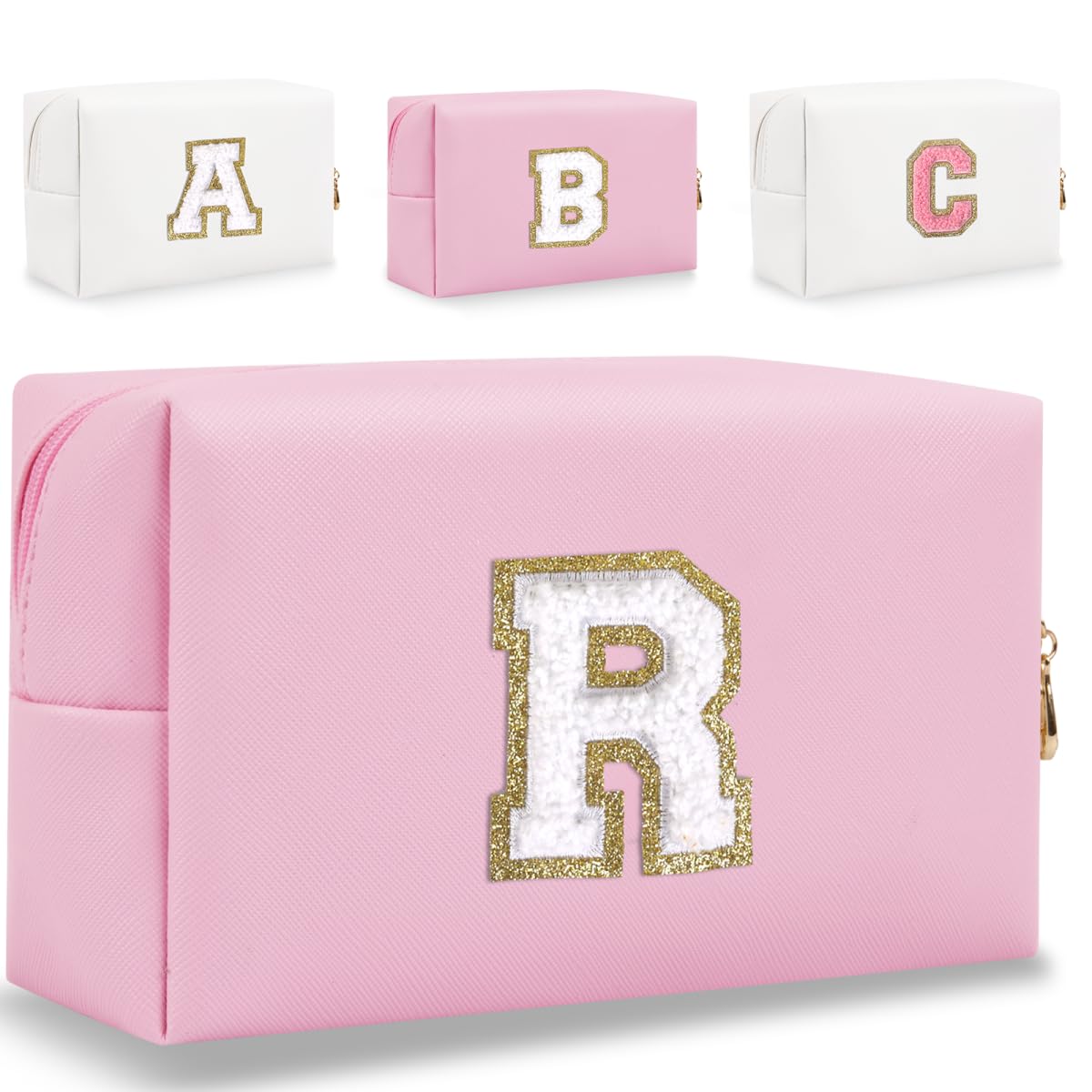 HENGNI Small Personalized Letter Makeup Bag Cute PU Leather Chenille Letters Cosmetic Bag Travel Makeup Bag Preppy Makeup Pouch Travel Organizer Zipper Pouch Organizer for Women and Girls(Pink-R)