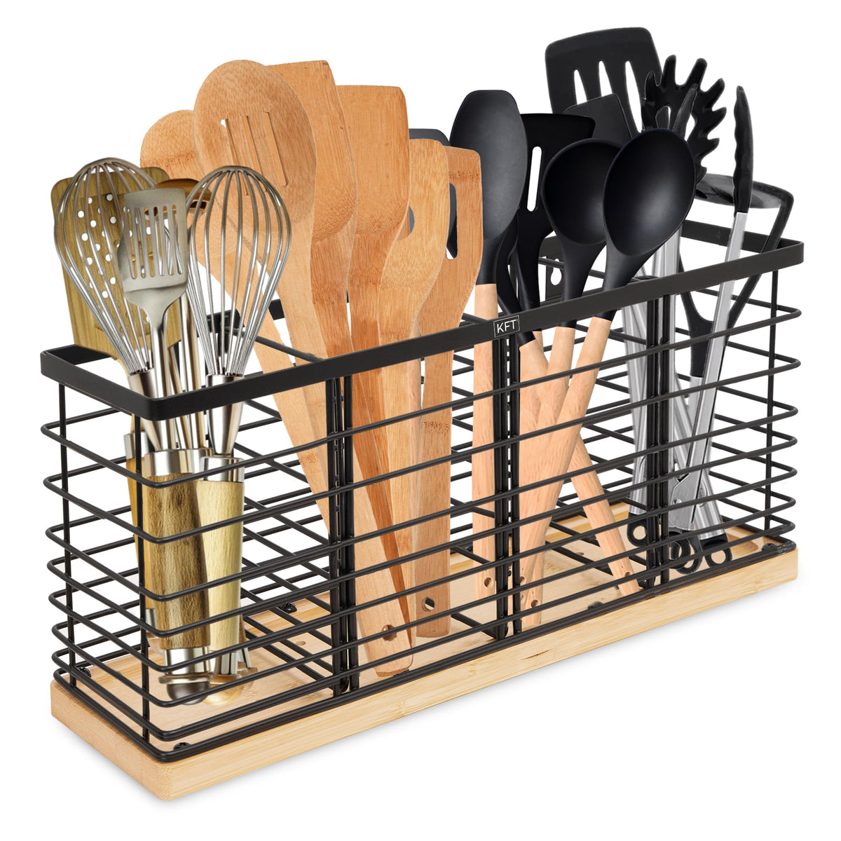 KFT Extra Large Kitchen Utensil Holder with 4 Compartments，Matte Black Metal holder with Wooden Base for Kitchen Countertop，Farmhouse Cooking Utensil Storage Rustic Cooking Utensil