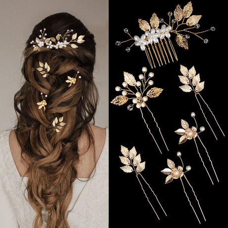6 Pieces Wedding Pearl Hair Pins for Brides Bridal Hair Accessories Gold Leaf Crystal Pearl Clips Headpiece Vintage Flower Jewelry for Bridesmaids