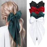 MIKONIKO Silky Satin Hair Bows for Women Girls - 4PCS Ribbon Bows for Hair Big Bow Hair Clips with Long Tail Barrettes - Cute Hair Accessories Gifts (Black Red Green White)