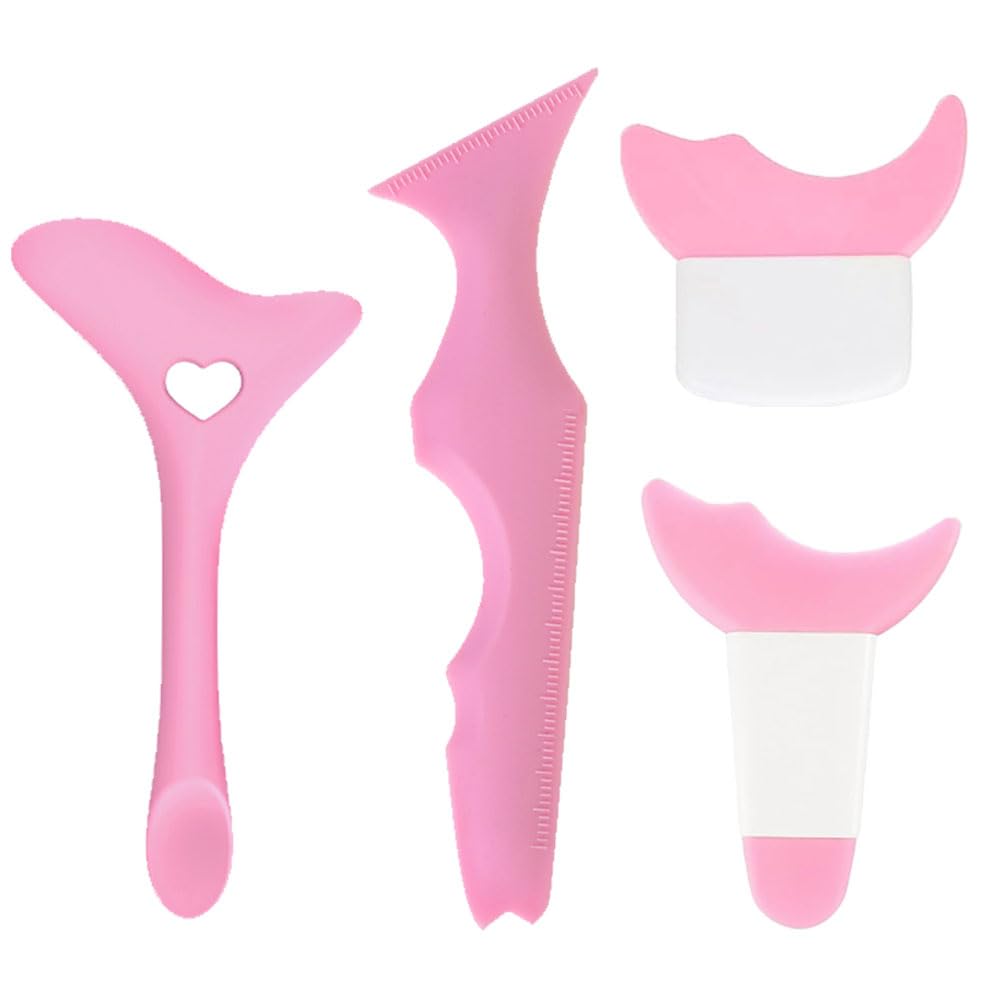 YRAKOZIN Multifunctional Eyeliner Stencils [4 PCS] Eye Makeup Tool Set[Wing Eyeliner Aid + Silicone Beauty Ruler] as Eyelash Shield/Eyebrow Shaping/Jaw Line/Lip Line for Beginners (Pink)