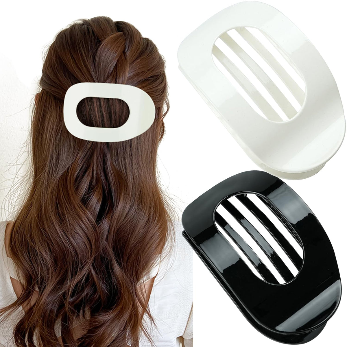 Mevnccola French Flat Hair Clips for Women Medium Round Flat Claw Clips for Women Girls Thick Thin Hair Hair Clamps Non-slip Jaw Clips (2 black white)