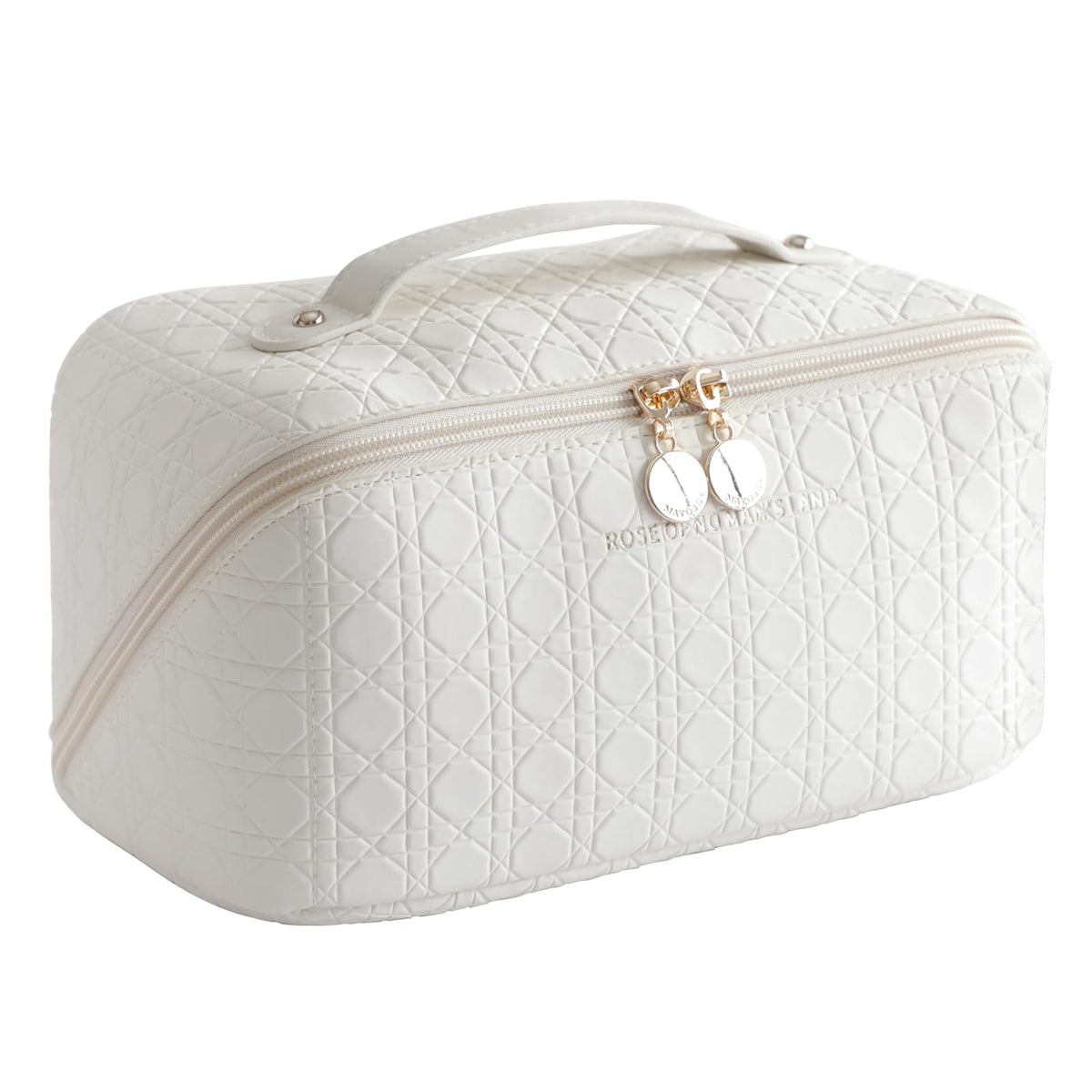 MEIBOOCH Travel Makeup Bag Large Capacity Cosmetic Bag Portable Toiletry Bag for Women PU Leather Waterproof Makeup Organizer Bag with Divider (Creamy white)
