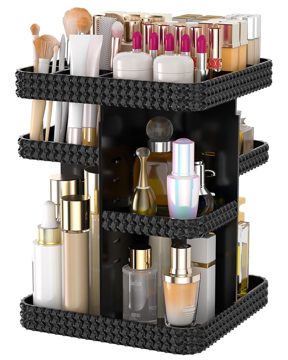 HEMTROY Rotating Makeup Organizer with Makeup Brush Holder Large Capacity Perfume Organizer for Vanity Countertop Acrylic Skincare Organizers Spinning Holder Storage Rack (Black)