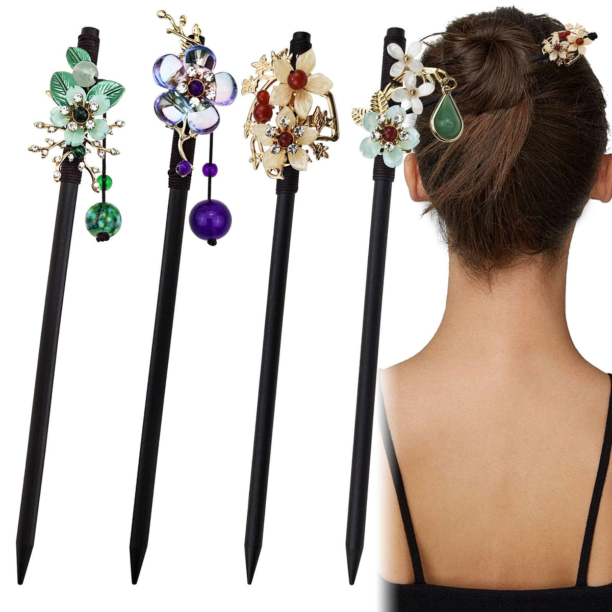 Arvintas 4 PACK Japanese Chinese Wooden Hair Stick Hairpin with 4 Different Flower Styles Retro Wooden Hair Accessories for Women Girls