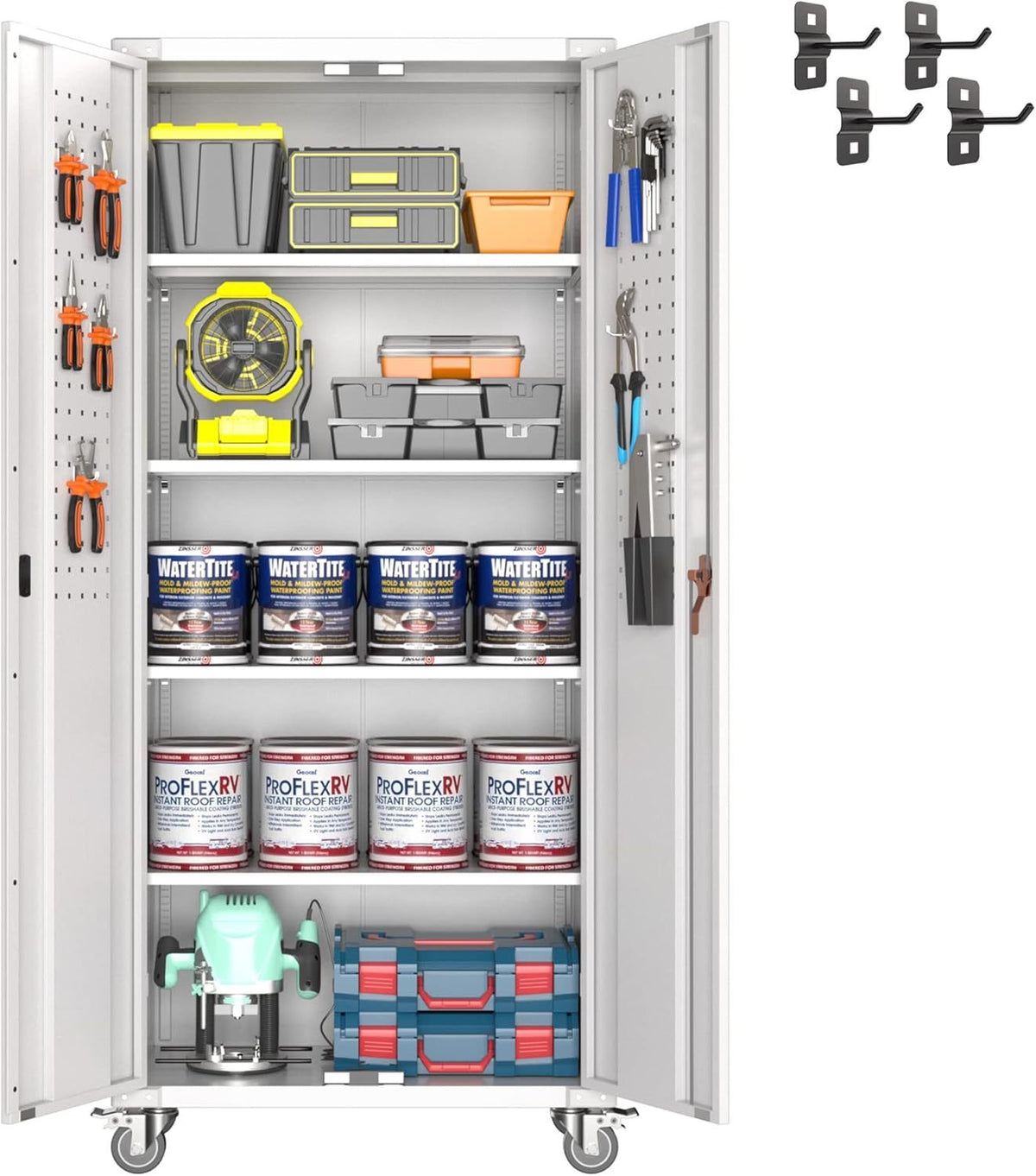 Large Metal Storage Cabinet With Pegboard And Wheels,Lockable Steel Storage Cabinet With 4 Adjustable Shelves, White Metal Cabinet For Garage Home, Office Assembly Required