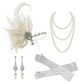 Cizoe 1920s Flapper Accessories Set for Women Great Gatsby Headband Headpiece Roaring 20s Flapper Girl Costume Accessories Set(Beige)