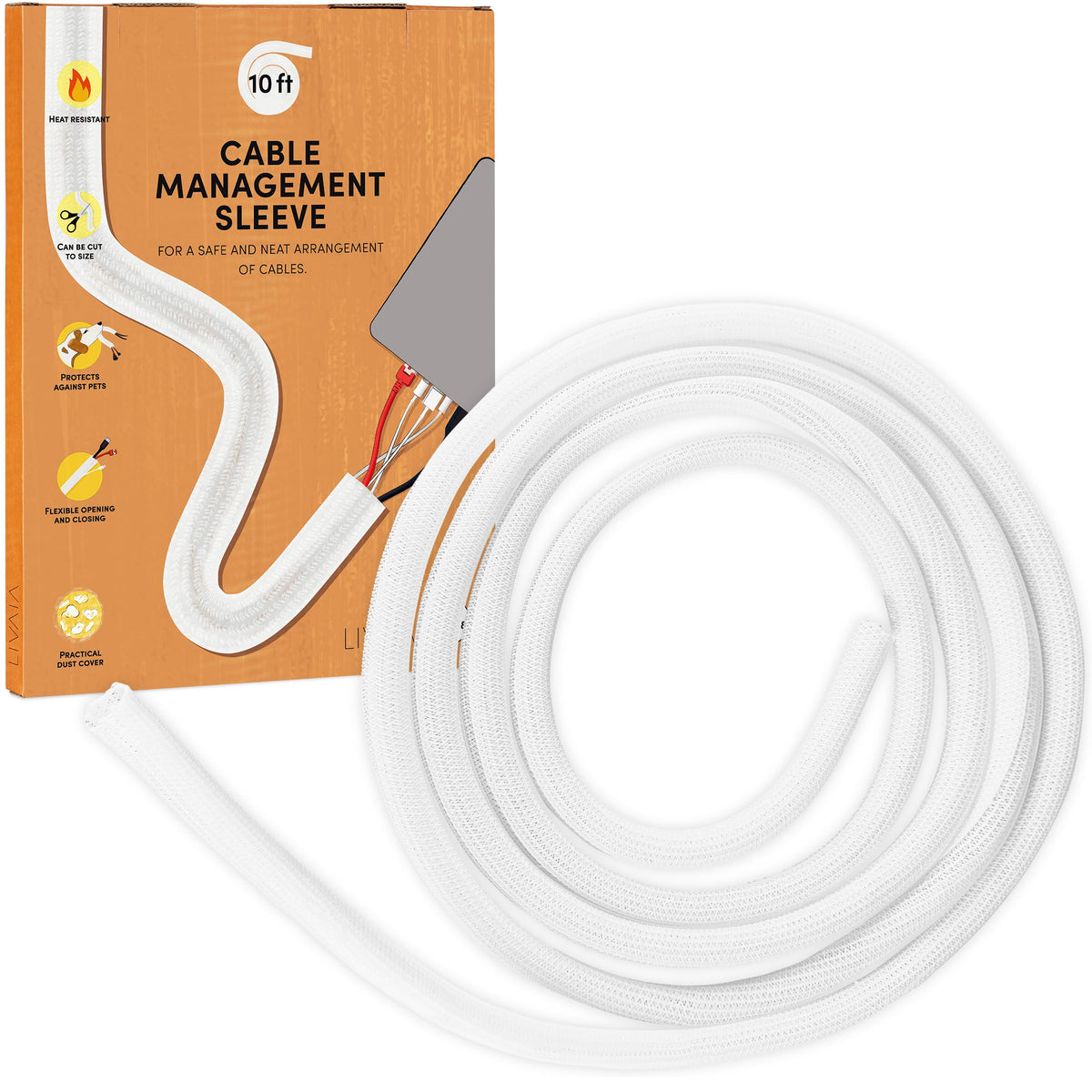 Cable Sleeve : self-Closing White Cable Tidy Sleeve for Better Desk Cable Management - 047 inch to 079in x 10ft Cable Conduit White – cuttable Cable Protector and Computer Desk Organizer by LIVAIA