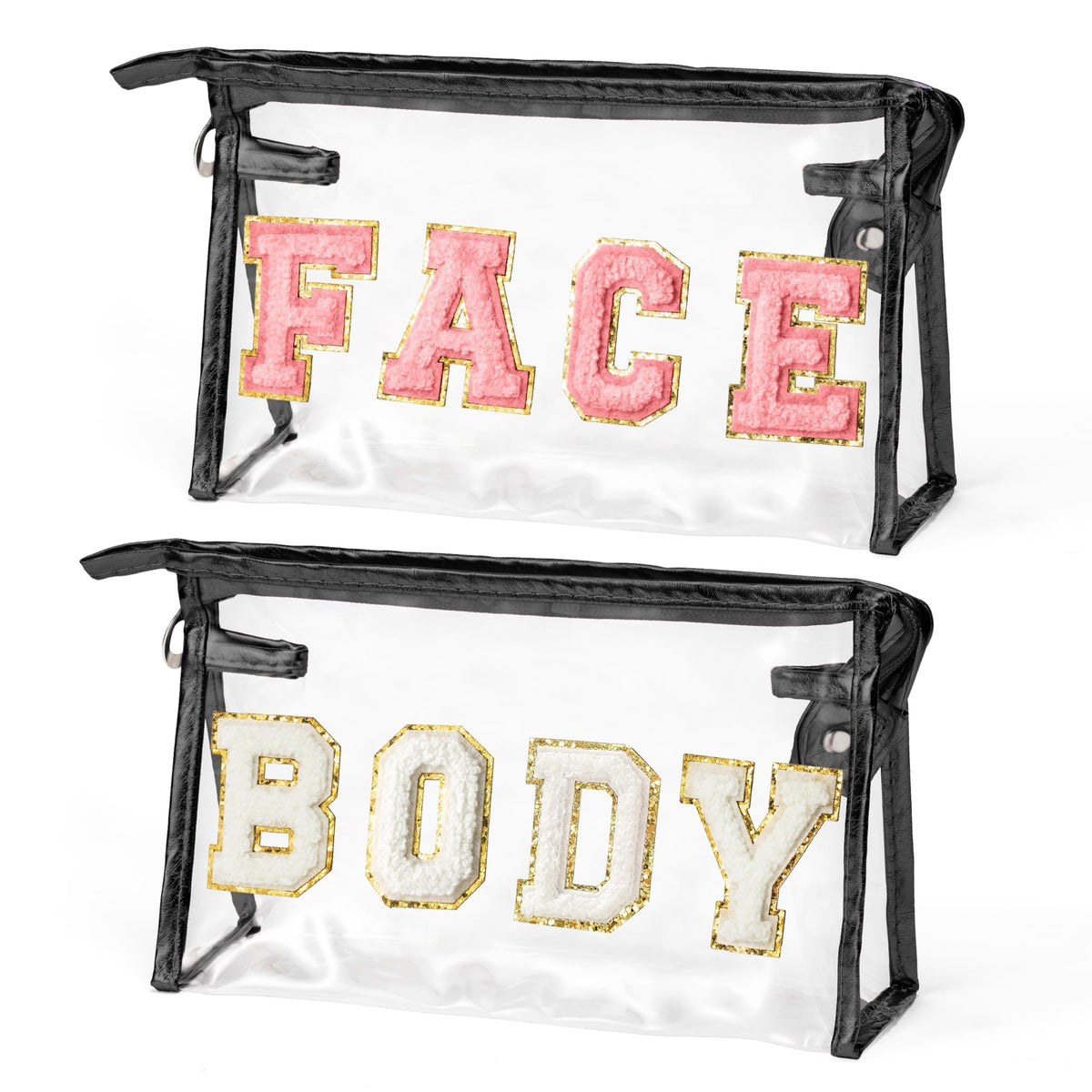 EZdhuawuse Clear Travel Toiletry Bag - 2Pcs FACE BODY Transparent Makeup Bag Large Capacity Black Travel Pouch Waterproof Cosmetic Bag Clear Letterst Sunscreen Bag Travel Accessories for Women Girls