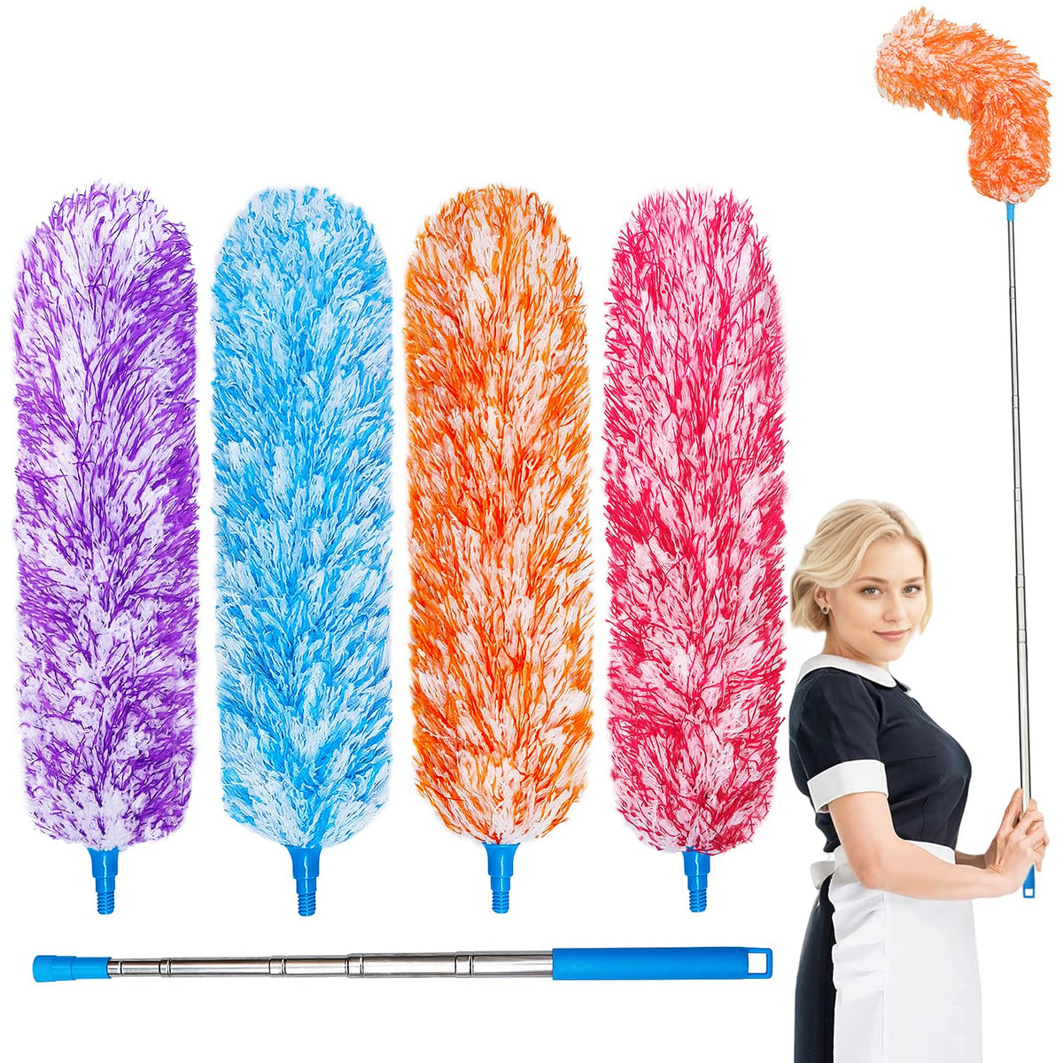 4 Upgraded 55-inch Long Microfiber Dusters with Telescopic Handle More Durable Fibers Feather Dusters Perfect for Household Cleaning Office Cleaning car Cleaning and More