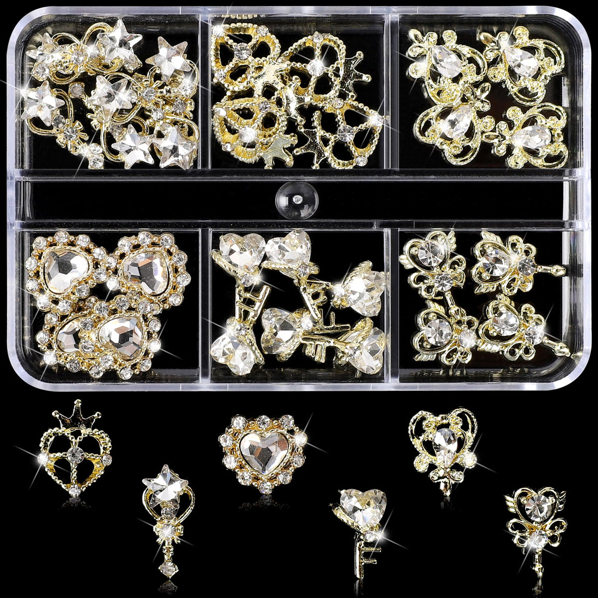 COOSLIM 30pcs White Heart Nail Charms White Gold Luxury Alloy Charms for Nails 3D White Nail Art Rhinestones Gems Golden Nail Crystal Diamonds Jewelry Nail Art Supplies for Nails Face Eyes