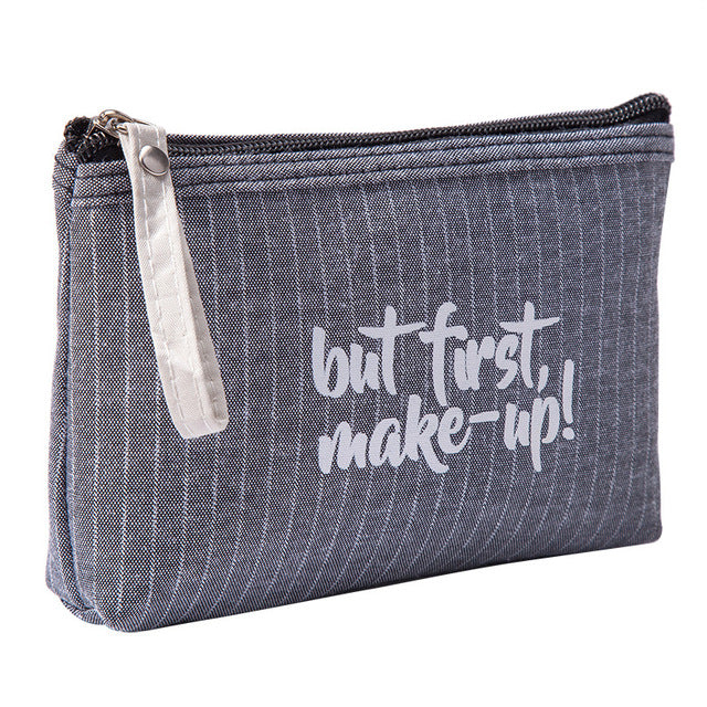 Letter Flower Print Canvas Makeup Bag for Women