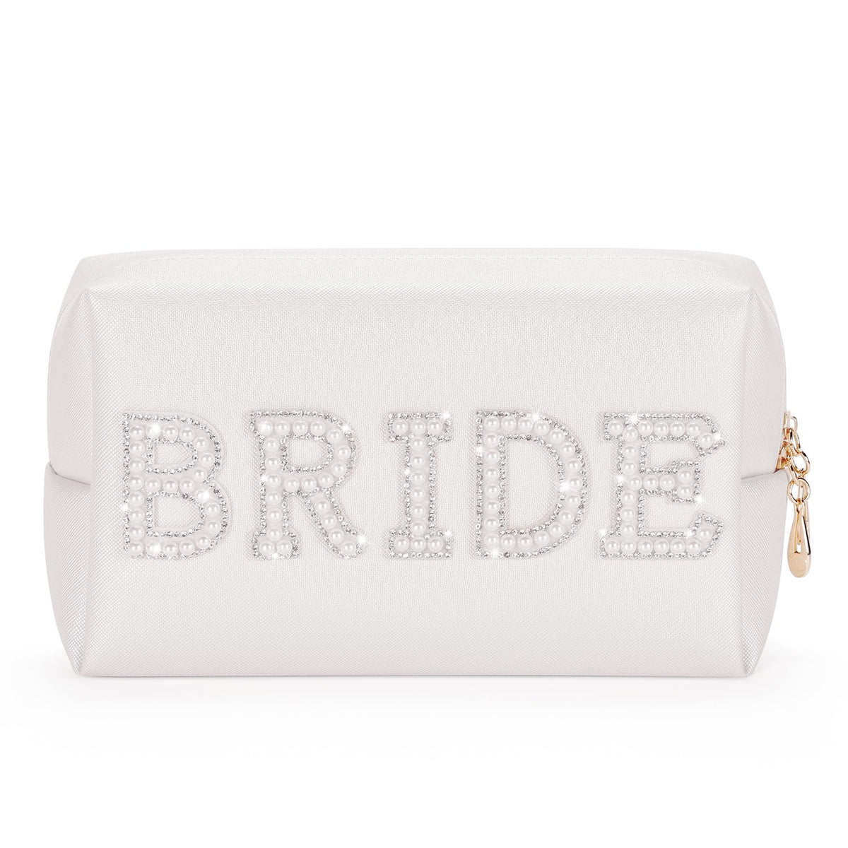 Etercycle Bride Letter Makeup Bag Bride To Be Gifts Bling Pearl Rhinestone Patch Cosmetic Bag Waterproof PU Travel Toiletry Bag for Bachelorette Party Women Wedding Bridal (Silver)