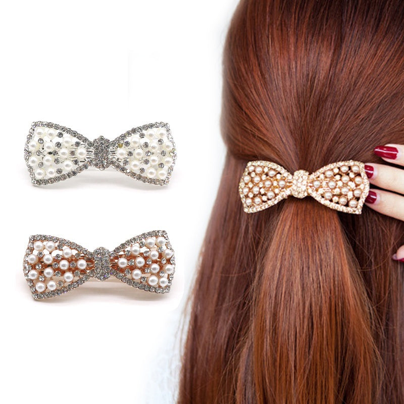 Elegant Pearl Bow Hair Clip with Diamond Accents