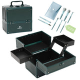 CHUANGJIN Makeup Train Case 2 Trays Makeup Box Organizer Portable Travel Makeup Case Lockable Makeup Storage Organizer Cosmetic Box for Jewelry Nail Tech Brushes Accessories ToolGreen Pro