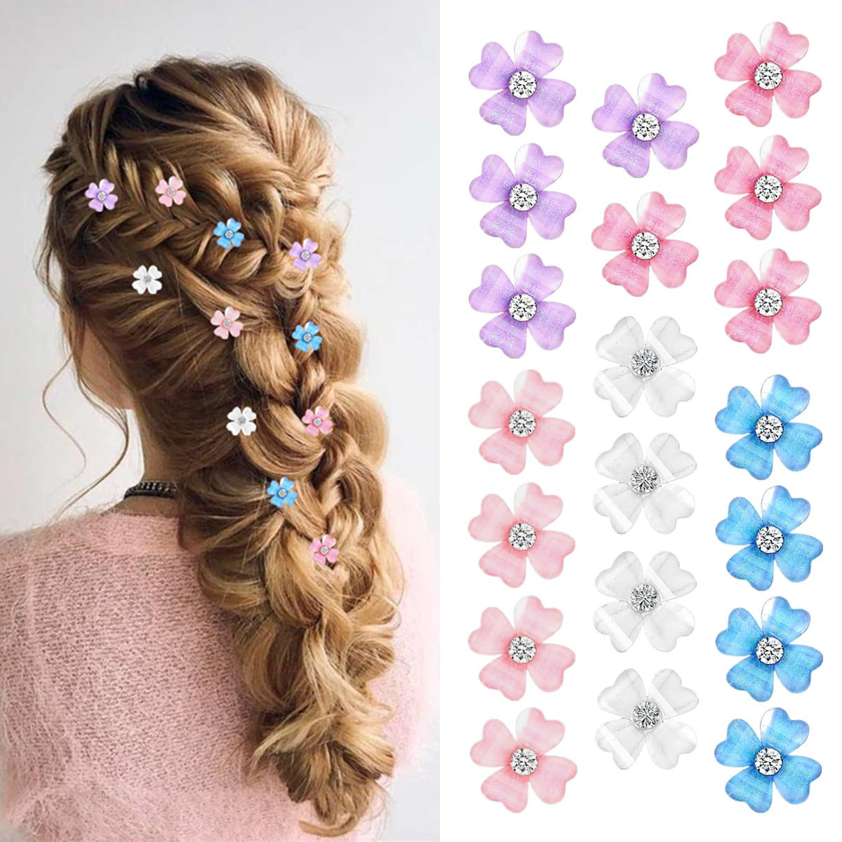 20 Pcs Mini Clover Flower Hair Clips with Cute Rhinestone Hair Barrettes Convenient Hairpins Easy for Braids Hairstyles Braiding Hair Accessories for Wedding (20 Pcs- Mix Color)