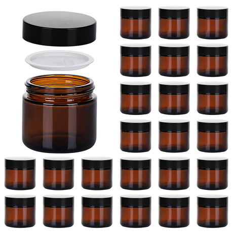 2oz Jars with Lids Hoa Kinh 24 Pack Amber Glass Jars with Lids Empty Cosmetic Containers Round Airtight Glass Jar with Inner Liners and black Lids for Storing Lotions Powders and Ointments
