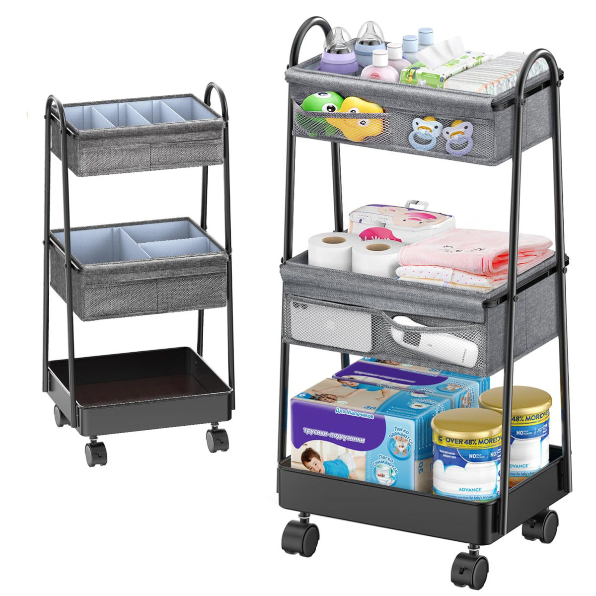 Modanais Baby Diaper Caddy Cart Organizer - 3 Tier Rolling Utility Cart Newborn Baby Nursery Essentials Large Capacity Easy to Assemble Storage Rolling Cart for Bedroom Changing Table & Crib