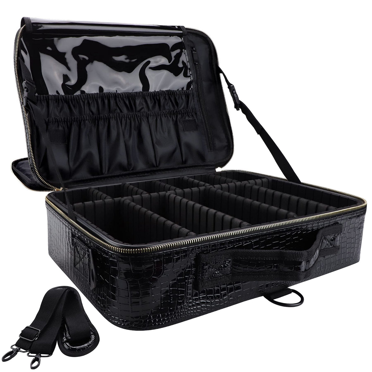 Oewoer PU Leather Professional Makeup Case 16 Inches Large Travel Makeup Bag Organizer with Shoulder Strap（L-Black Crocodile）