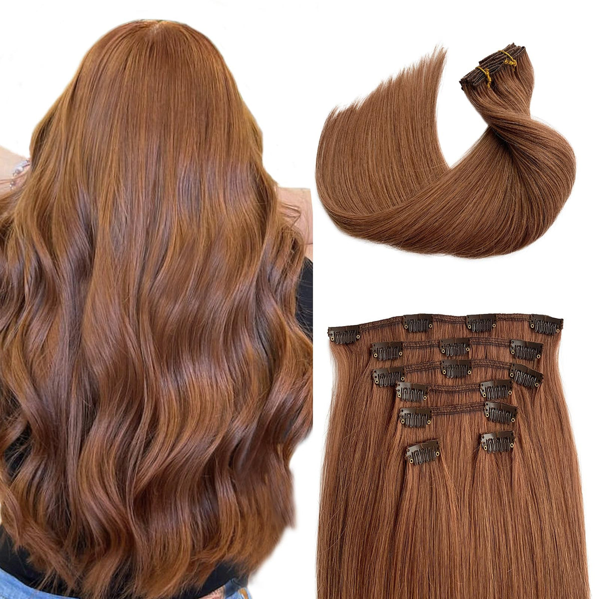 Auburn Human Hair Extensions Clip ins Medium Auburn Fine Straight Remy Clip in Hair Extensions Real Human Hair for Women 18 Inch 70g 7pcs 2-3 Sets for Full Head