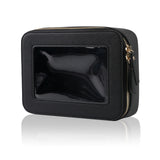 IRROMI Clear Makeup Case Durable Saffiano Faux Leather Travel Cosmetic Bag Toiletry Bag with Visual Window & Dual Zippers Travel Essentials for Women (Black Medium)