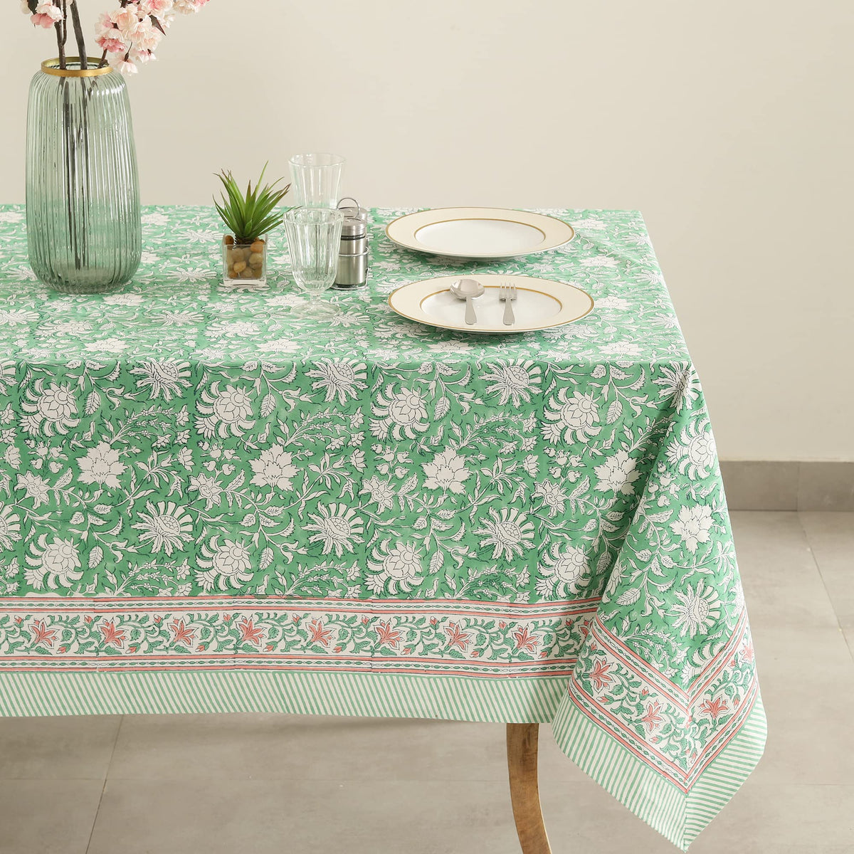 Labhanshi Indian Block Print Table Cloth-Floral Handmade Cotton Rectangle Linen Tablecloth 72x108 Inch| Spring St. Patrick Party Birthday Easter Table Cloth|8 Seater Camping Table Cover|Green Leaf