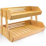 [Upgraded Length] 16.5-Inch Fruit Stand Storage Holder 2 Tiers Fruit Basket with 4 Legs Bamboo Fruit Bowl Holder for Fruit Vegetable Bread and Snack Home Kitchen Countertop Organizer (Natural)